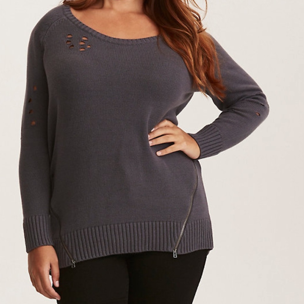 Distressed side zipper sweater